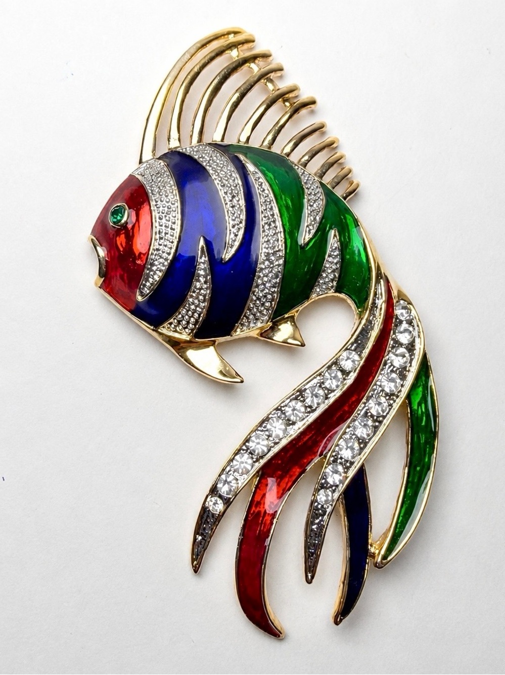 Large Colorful Tropical Fish Brooch Rhinestone Enamel Gold Tone Vintage Pin - Picture 6 of 10